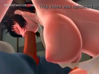 Big titted anime babe giving blowjob gets mouth jizzed